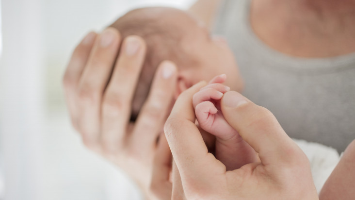 Mother cradling newborn baby's hand